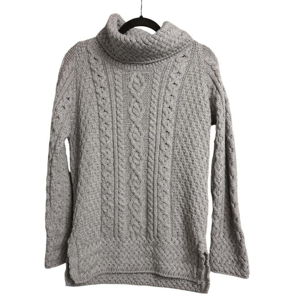NWT Aran Sweater Market Gray Cable Knit Turtleneck Merino Irish Sweater Size S